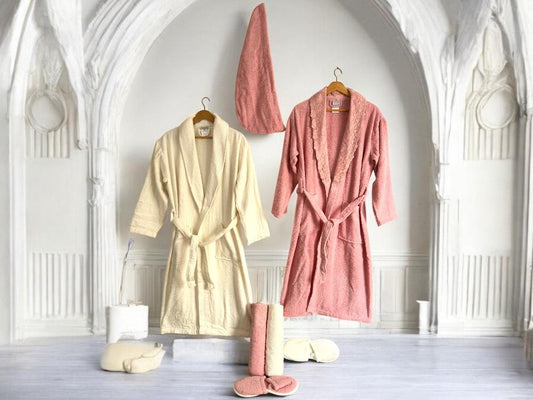 طقم أرواب استحمام LALEZAR مزدوج قطن 11 قطعة فوشي و سكري